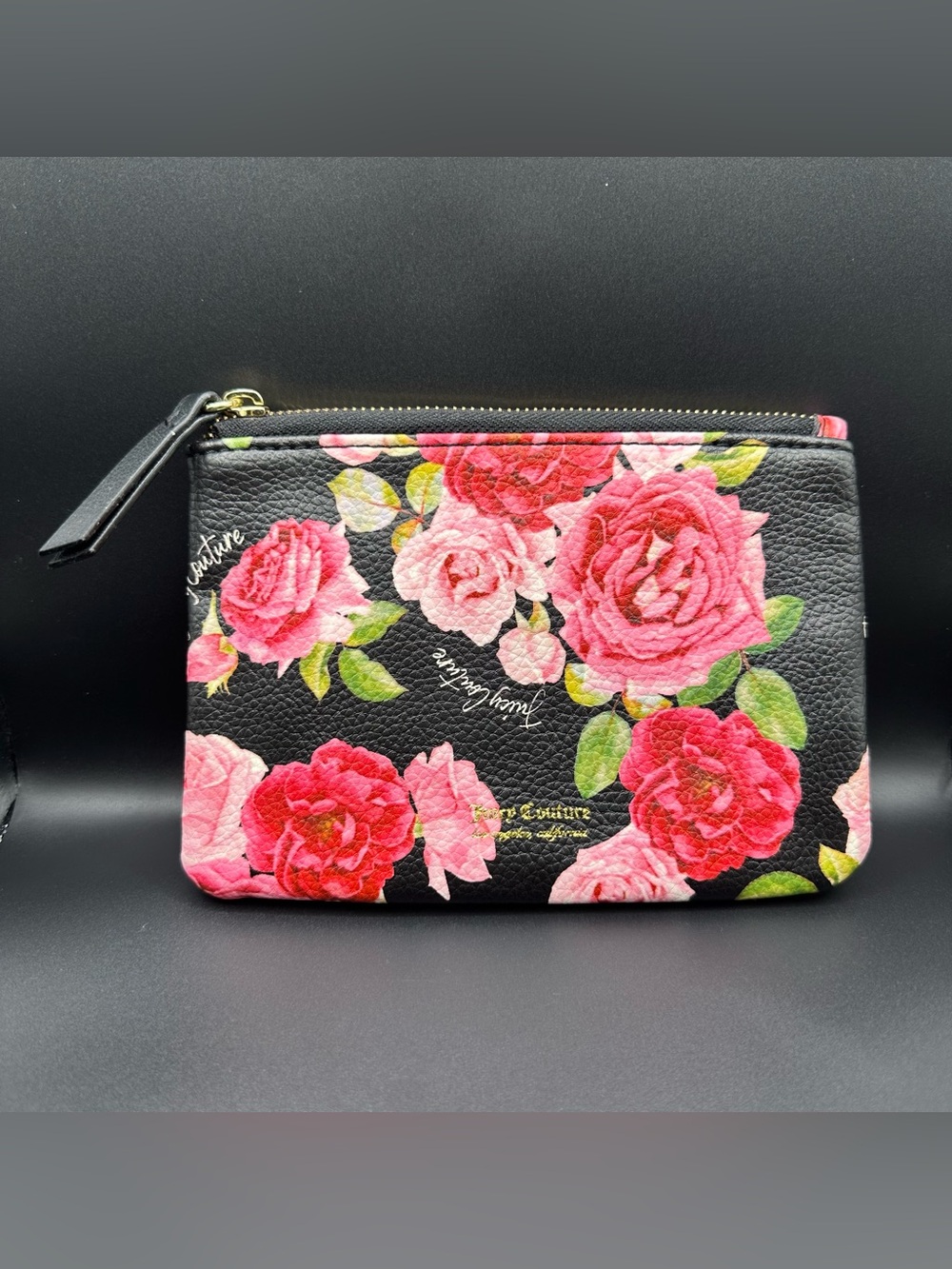 Juicy Couture Black Floral Rose Zip Pouch with Pink & Red Blooms